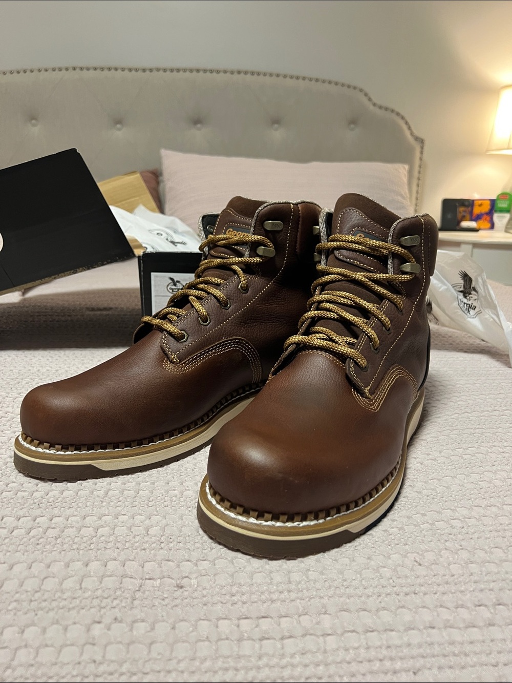 NWT/In box Georgia Boot Brown Work Boots with Tan Accents